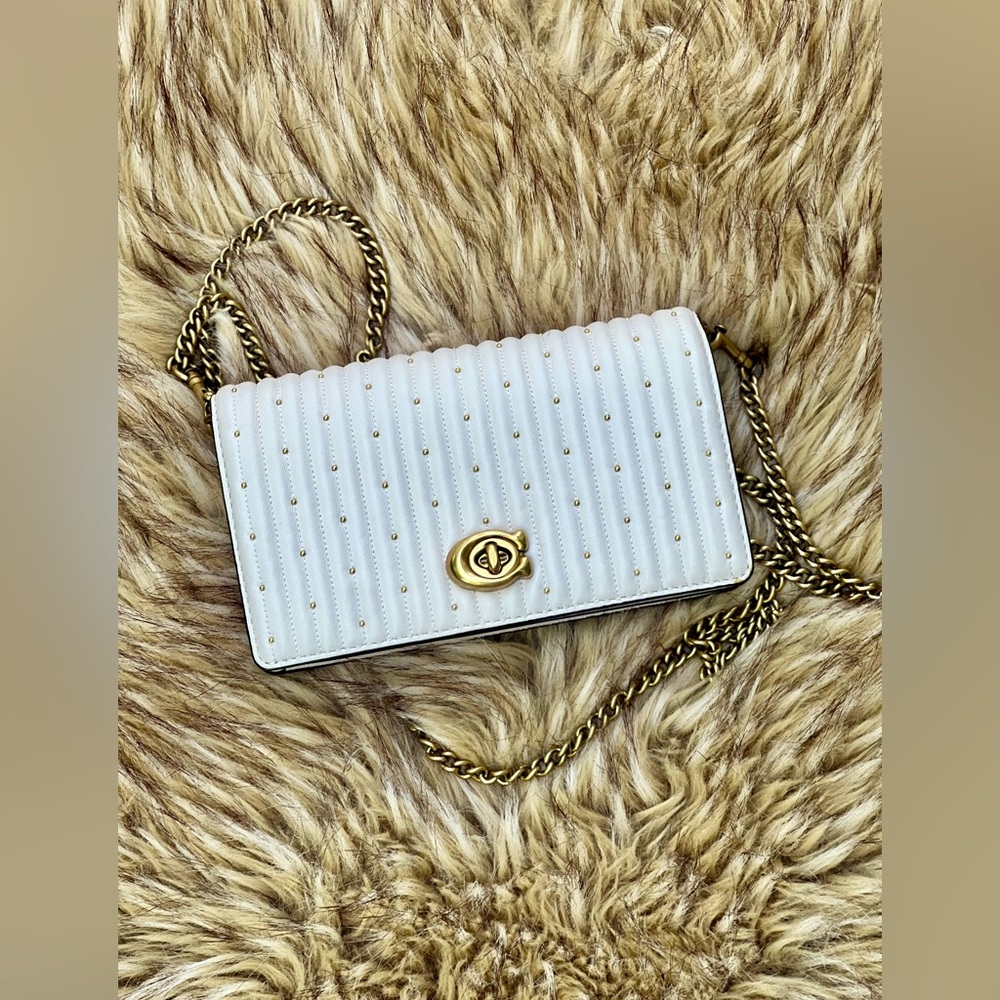 Coach Studded Quilted Leather Convertible Crossbody Belt Bag White Gold